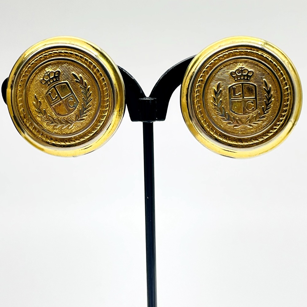 Vintage Liz Claiborne LCI Earrings Clip On Gold Tone Round Crest Logo Signed